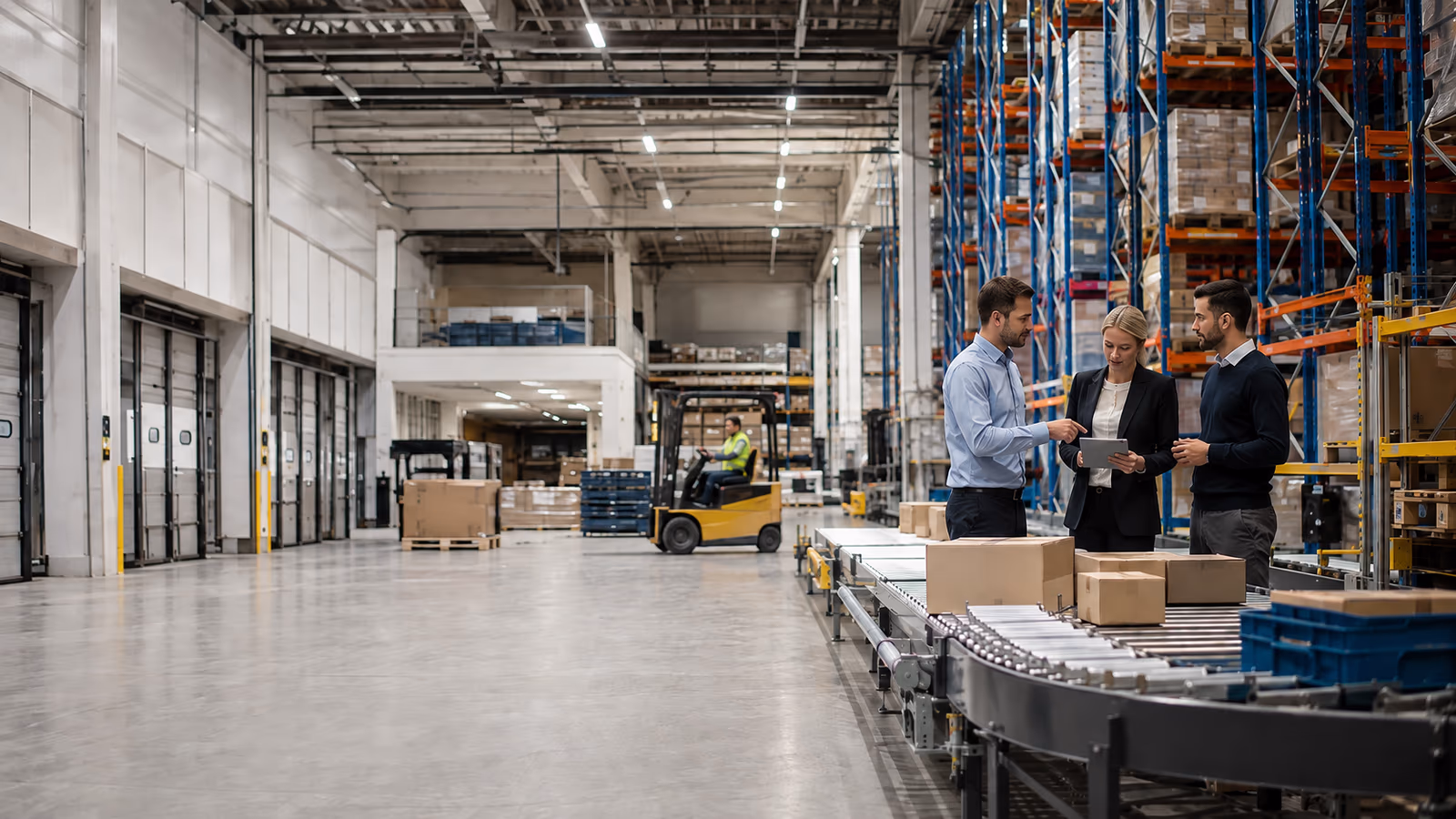 Three professionals in a modern warehouse discussing logistics near conveyor belt with packages