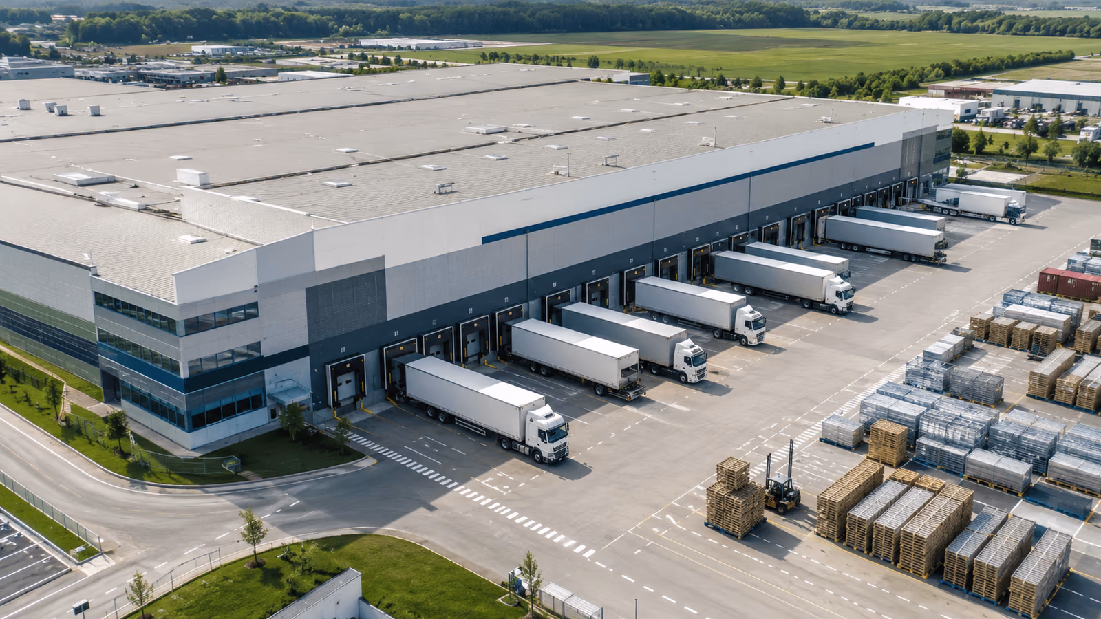 Large warehouse facility with multiple loading docks and white delivery trucks, surrounded by stacked palletized cargo and industrial landscape