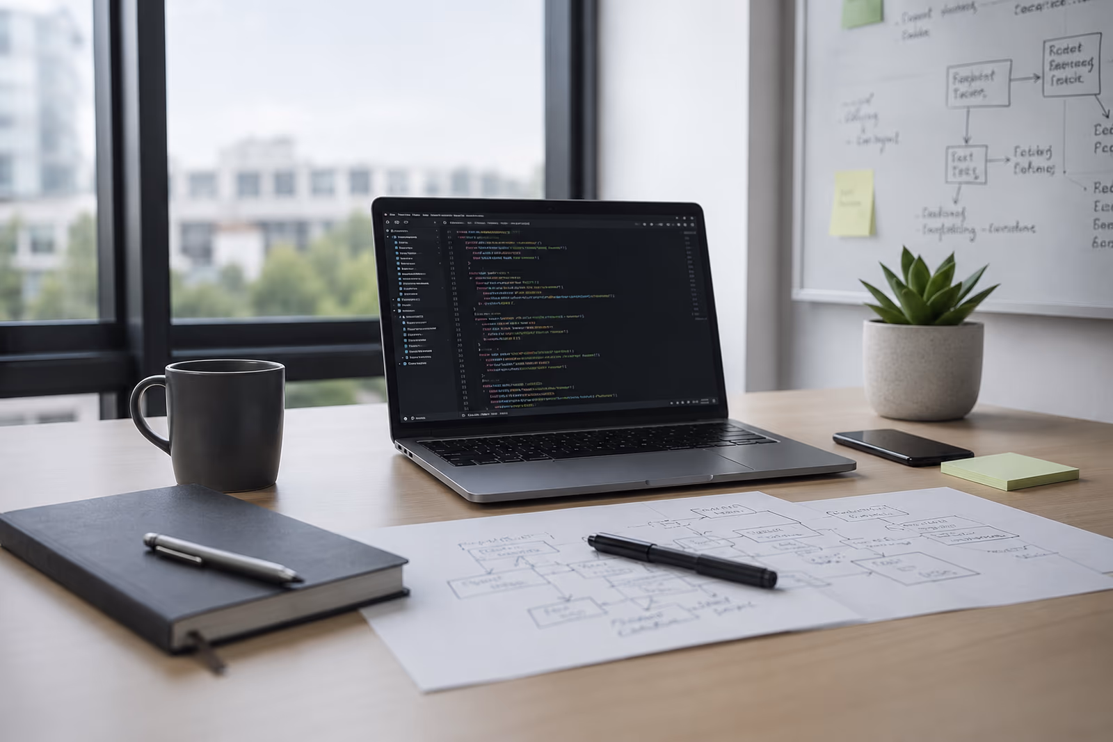 Developer workspace with open laptop displaying code, notebook, pen, and coffee mug
